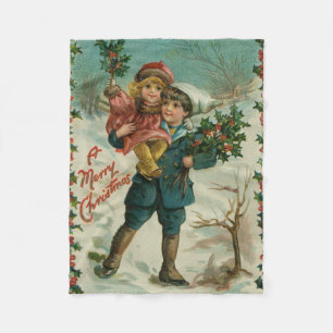 Manta Polar Feliz Navidad - tarjeta postal retro, niños, acebo