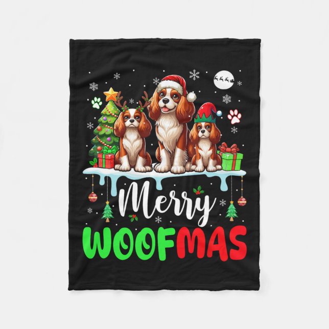 Manta Polar Feliz Navidad Woof Three Santa Elf King Charles (Anverso)