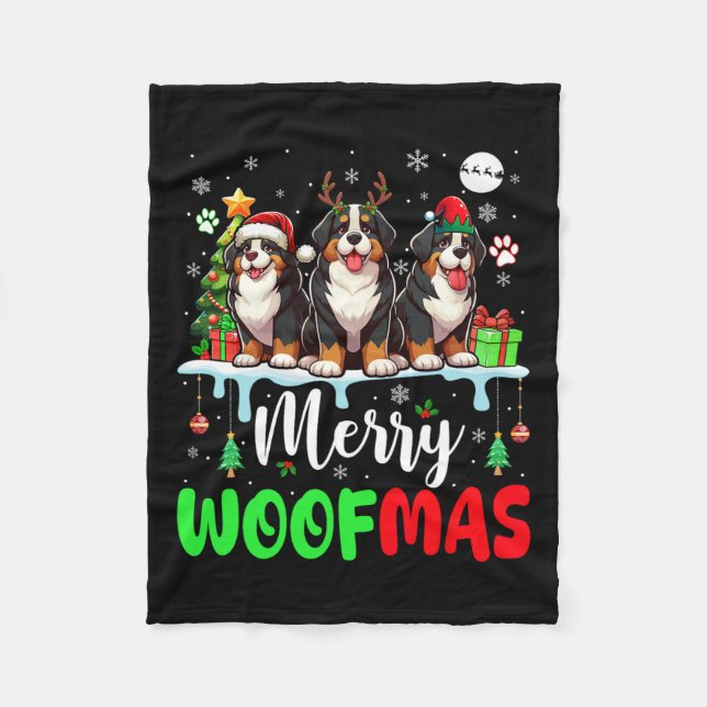 Manta Polar Feliz Navidad Woof Three Santa Reindeer Bernese (Anverso)