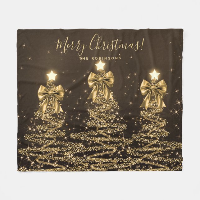Manta Polar Festive Holiday Gold Christmas Trees w/ Bows (Frente (Horizontal))