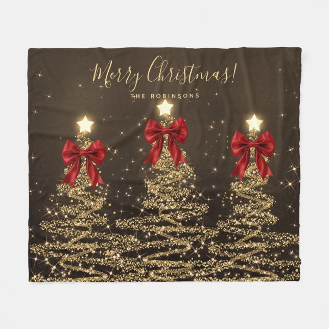 Manta Polar Festive Holiday Gold Christmas Trees w/ Red Bows (Frente (Horizontal))