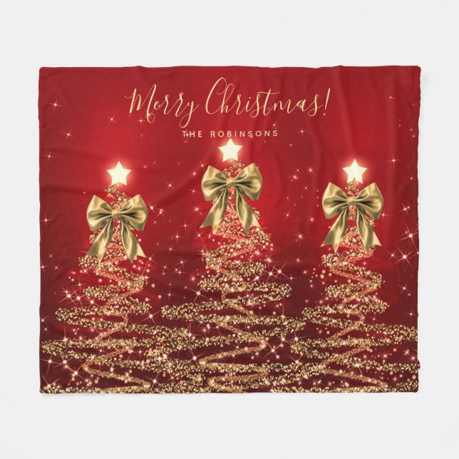 Manta Polar Festive Holiday Gold Red Christmas Trees w/ Bows (Frente (Horizontal))