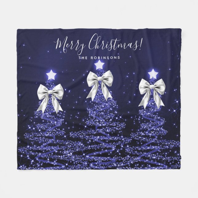 Manta Polar Festive Holiday Navy Christmas Trees Silver Bows (Frente (Horizontal))