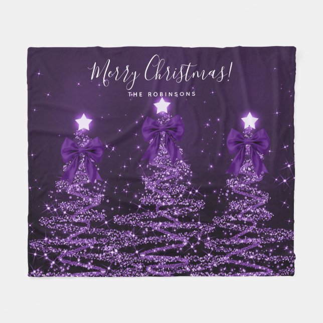 Manta Polar Festive Holiday Purple Christmas Trees Bows (Frente (Horizontal))