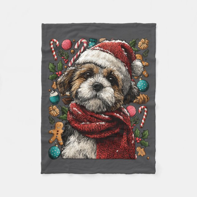Manta Polar Festive Shih Tzu With Santa Hat Snowy Winter Chris (Anverso)