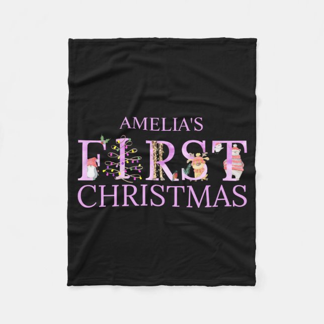 Manta Polar First Christmas Cute Animal Letters Girl Name Baby (Anverso)