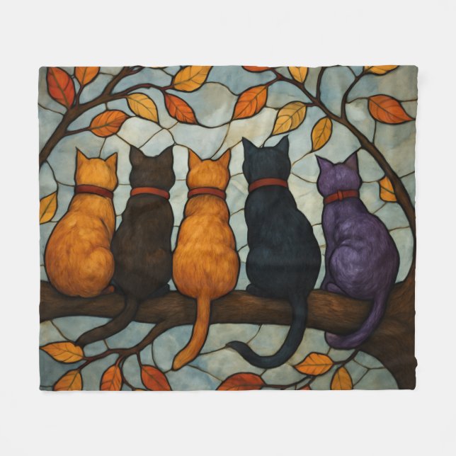 Manta Polar Five Cats on a Tree Branch Stained Glass Style (Frente (Horizontal))