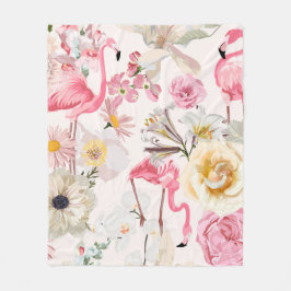 Manta Polar Flamenco rosa y flores blancas rosadas exóticas.
