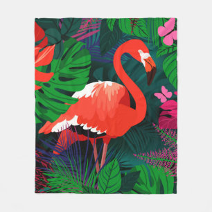 Manta Polar Flamingo rosa. Hojas tropicales, mariposa rosada,