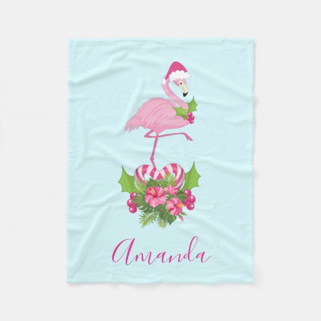 Manta Polar Flamingo rosado en Santa Hat con Candy Cane Bouque (Anverso)