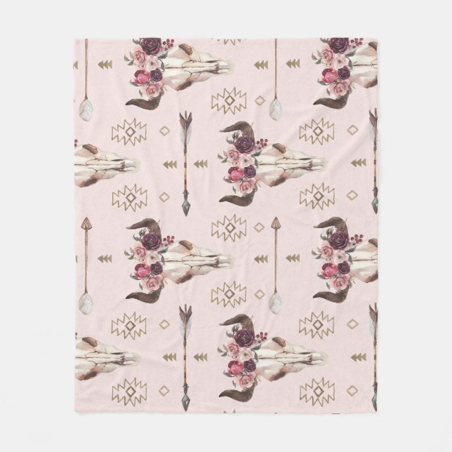 Manta Polar Flechas y cráneo de Boho, patrón de acuarela. (Anverso)