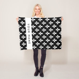 Manta Polar Fleur de Lis, Blanco sobre Negro, Blanco, Tu Nombr