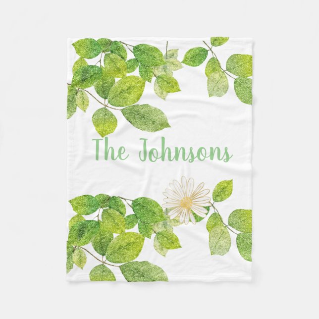 Manta Polar Flor blanca y jardín de hojas verdes (Anverso)