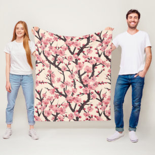 Manta Polar Flor de Cerezo Japonesa Rosa Oscuro Ramo Crema