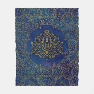Manta Polar Flor de Lotus elegante del oro en azul