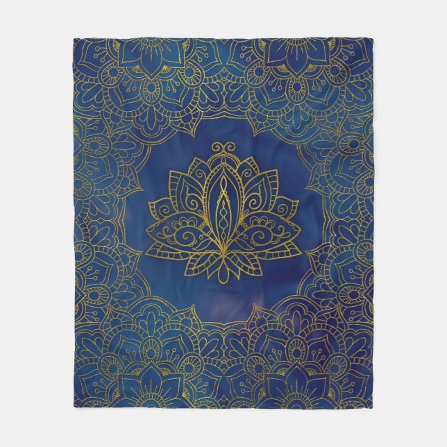 Manta Polar Flor de Lotus elegante del oro en azul (Anverso)