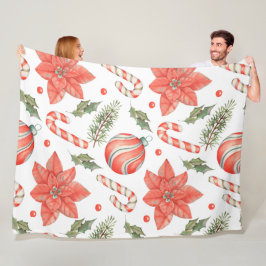 Manta Polar FLOR DE Nochebuena ROJA CARAMELITOS Y ADORNOS