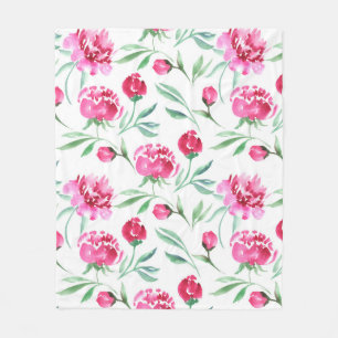 Manta Polar Flor de peón rosa acuarela transparente patrón