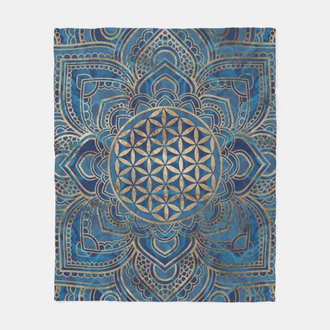 Manta Polar Flor de vida en Lotus: mármol azul y oro (Anverso)