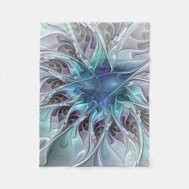 Manta Polar Flor Fractal Moderna Con Azul (Anverso)