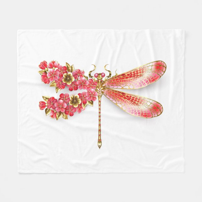 Manta Polar Flor libélula con sakura de joyas (Frente (Horizontal))