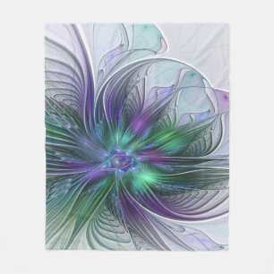 Manta Polar Flor Moderna Abstracta Fractal Verde Púrpura
