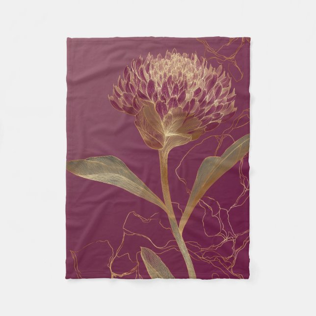 Manta Polar Flor Protea Dorada Burdeos Línea Botánica (Anverso)