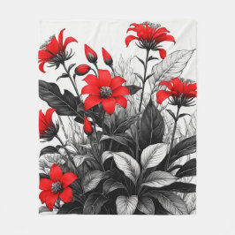 Manta Polar Flor Roja Sobre La Planta Blanca Negra