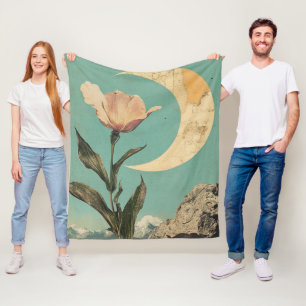 Manta Polar Flor rosa y luna creciente