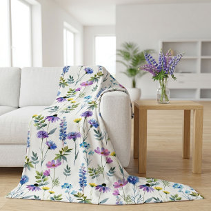 Manta Polar Flor Silvestre Acuarela Púrpura Azul