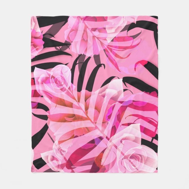 Manta Polar Flor tropical sin foco, planta y patrón de hojas b (Anverso)