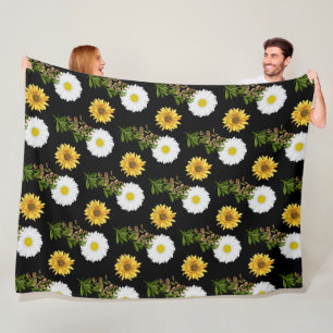 Manta Polar Floral acogedor de margarita y girasol sobre negro