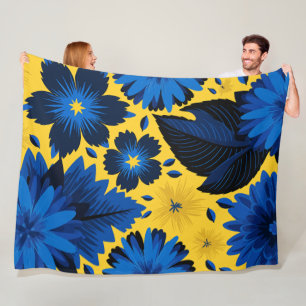Manta Polar Floral Azul Audaz sobre Fondo Amarillo Vibrante