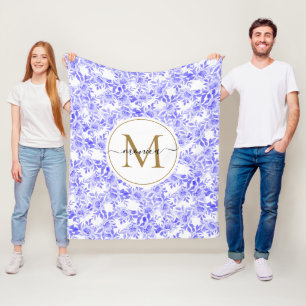 Manta Polar Floral azul y oro acuarela monogramada