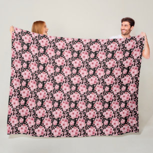 Manta Polar Floral Black Pink Cherry Blossom Sakura