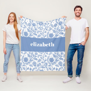 Manta Polar Floral Botánico Moderno Nombre Personalizado Azul