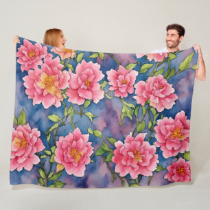 Manta Polar Floral Bouquet acuarela Pink Peonies en azul
