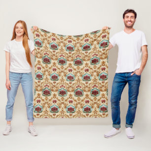 Manta Polar Floral Damask Antiguo en Turquesa y Burdeos