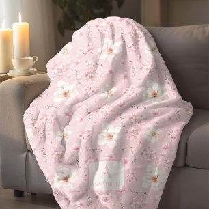Manta Polar Floral de cerezo Sakura Primavera Monograma Rosa