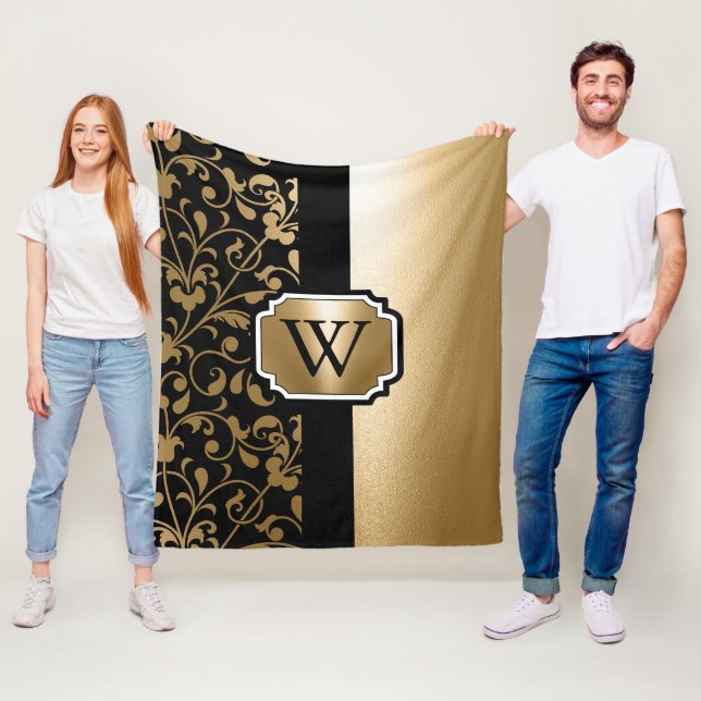 Manta Polar Floral de cosecha negra y dorada (In situ)