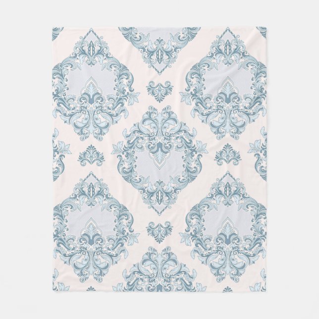 Manta Polar Floral de Damasco azul y blanco (Anverso)