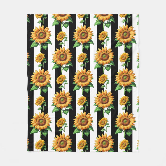 Manta Polar Floral de girasol franjas blancas negras (Anverso)