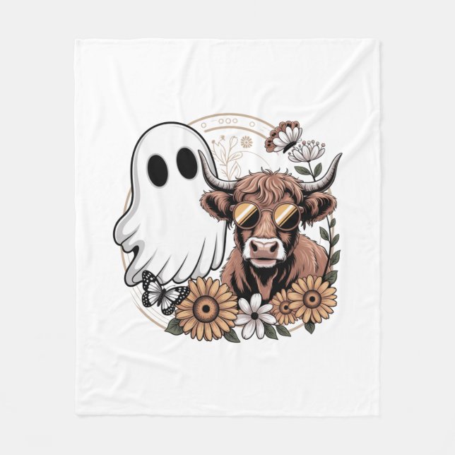 Manta Polar Floral Fall Highland Cow Ghost (Anverso)