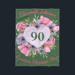 Manta Polar Floral Green 90th Birthday Blanket para las mujere<br><div class="desc">¿Buscando un regalo fabuloso para una mujer de 90 años? ¡Manténgase cálida y acogedora con esta encantadora manta personalizada de cumpleaños número 90! Añada su nombre sobre el corazón floral,  y cualquier mensaje de su elección debajo. ¡Perfecto regalo de cumpleaños de 90 años para cualquier mujer!</div>
