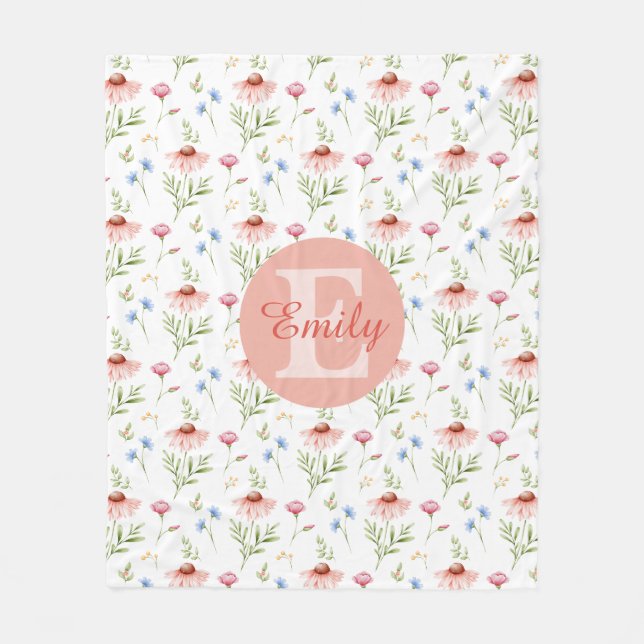 Manta Polar Floral Monogram Name Fleece Blanket For Girls (Anverso)