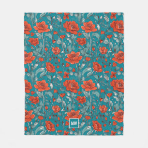 Manta Polar Floral, naranja rojo, cachorros verde azulados mon