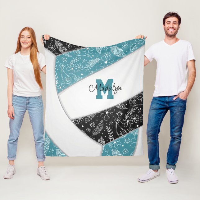 Manta Polar floral paisley plumas verde azuladas voleibol negr (In situ)