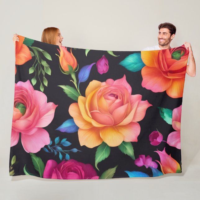 Manta Polar Floral Patern Rosa Fleece Blanket (In situ)