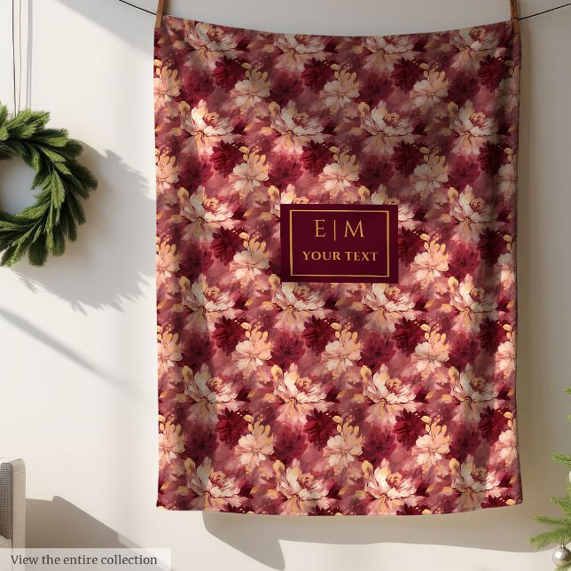 Manta Polar Floral personalizada Dreamy Rubor Burgundy Gold (Dreamy Blush Burgundy Gold Personalized Floral Fleece Blanket )