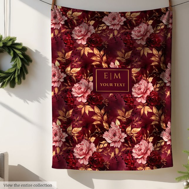 Manta Polar Floral personalizada Dreamy Rubor Burgundy Gold (Dreamy Blush Burgundy Gold Personalized Floral Fleece Blanket )